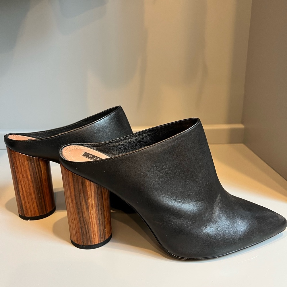 BCBG black leather mules